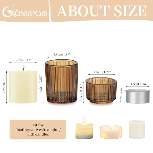 Glasseam Amber Glass Tealight Holders Set of 8 - Ribbed Small Votive Candle Holders for Table Centerpiece, Vintage Decor for Halloween Thanksgiving Party - color: Amber