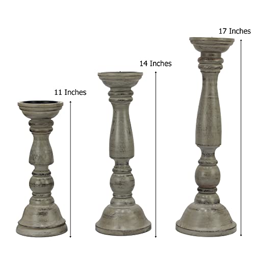 Solid Wood Candle Pillar Holder - Set of 3 Handcarved Candlestick Holder Stand - Boho Rustic Holiday Table Centerpiece Farmhouse Mantle - 17" 14" 11" H - Antique Charcoal Grey Distressed -COTTON CRAFT