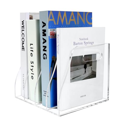 Acrylic Magazine File Holder, 4 Vertical Compartments Desk Document Sorter Organizer, Clear Bookend File Sorter Holder for Office, Documents, Tablets, Magazines, Books - size: B5 File Rack (4 slots)
