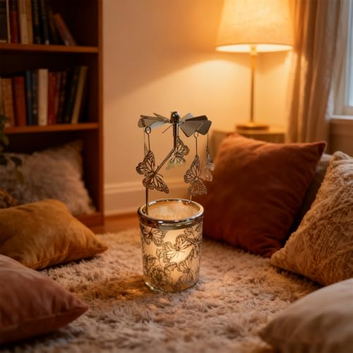 Carousel Rotary Candle Holder Spinning irthday Gifts for Women, Mom, Wife, Girlfriend, Sister, Her, Metal Windmill Tea Light for Female Friends, (Silver Butterfly) - color: Silver Butterfly