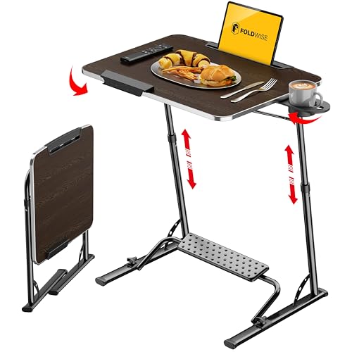 FoldWise Upgraded Folding TV Tray Table - Extra Large & Sturdy Laptop Table for Couch, Height & Angle Adjustable Desk for Dinner, Work & TV - Includes Footrest, Cup Holder, iPad Holder & Edge Stopper - color: (Black) - Dark Wood Mahogany