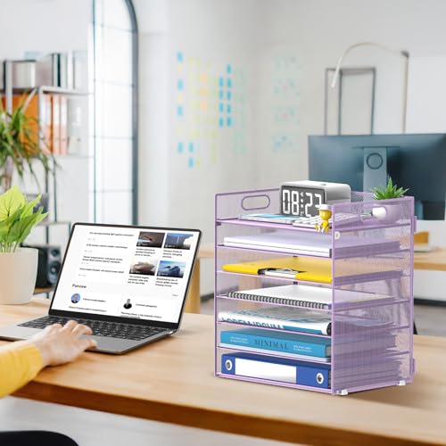 7 Tier Paper Organizer - Mesh Desktop File Holder with Handles for Office School Desk, Black (Purple) - color: Purple