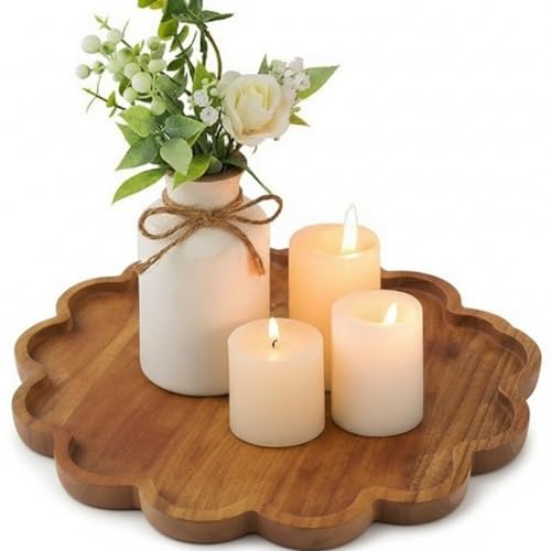 BreezeHug Brown Decorative Serving Tray Wood 12.6 Inch Scalloped Serving Tray Round Wooden Display Plate with Scalloped Borders for Coffee Table Living Room Bedroom Entryway Decoration - color: Brown