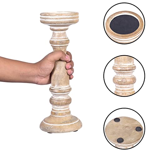Mela Artisans Whitewashed Hand Carved Wooden Pillar Candle Holders - Set of 3 | Chennai Decorative Style | Crafted from Mango Wood | Rustic Table Centerpiece Decor | Sized 6", 9" and 12" - color: Whitewash