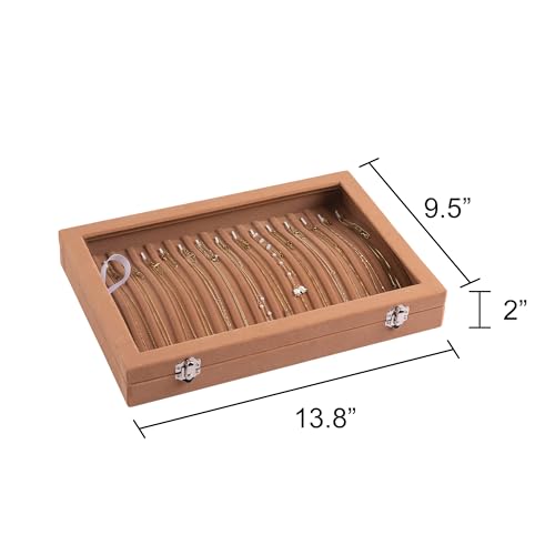 Frebeauty 15 Hooks Necklace Tray Velvet Neckalce Organizer with Clear Lid Lockable Necklace Holder Box Jewelry Organizer for Pendants Chains Necklace Jeweley Tray for Women Girl (Camel) - color: Camel