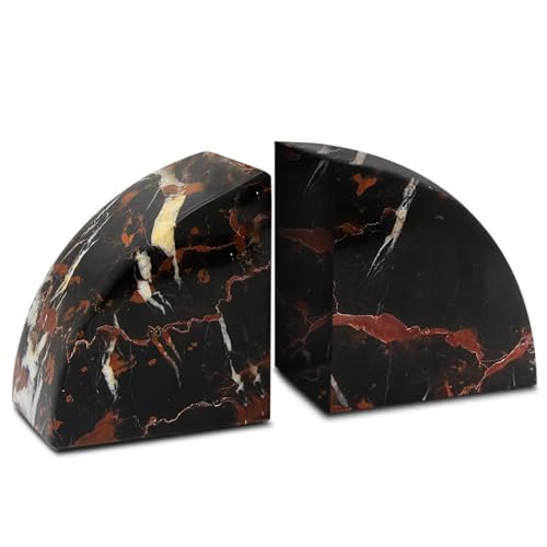 Modern Wedge Shaped Marble Bookends – Hand Carved, Polished Stone Bookends w/Non Slip Rubber Pads – Lightweight & Compact Decorative Bookends - Versatile, Luxury Book Organizer for Shelf & More - color: Black & Gold