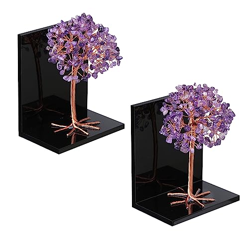 mookaitedecor Natural Amethyst Crystal Money Tree Stones Bookends, Decorative Acrylic Stone Tree Book Ends for Shelves Desktop Organizer Home Office,5.7-6.3inch (1 Pair) - color: Purple, size: 5.7-6.3 Inch