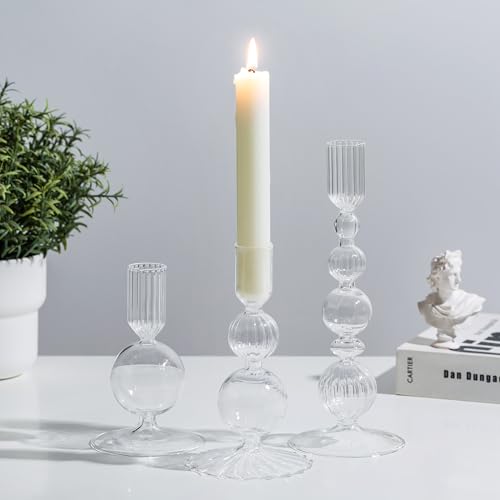 Glasseam Glass Candle Stick Holder: Clear Taper Candle Holders Set of 3 Modern Candlestick Holders for Taper Candles Decorative Candle Holders for Table Centerpiece Wedding Party Christmas Decorations - color: Clear