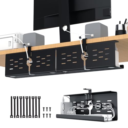 KEEGH 16" Under Desk Cable Management Tray, 2 Pack Desk Cord Organizer Upgrade Capacity, No Drill Clamp/Screws Mount, Cord Management Tray for Home Office, Gaming Desk, Standing Desk, Black - color: Black, size: 2 Pack