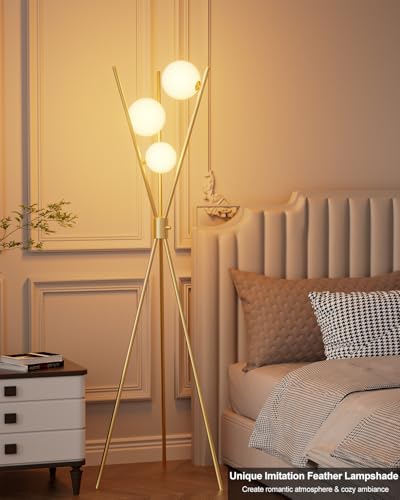 3 Globe Dimmable Tripod Floor Lamp, Mid Century Standing Lamps with 3Pcs 3000K Bulbs Included, Modern Tall Lamp for Living Room Bedroom Office-Gold - color: 3 Globe-Gold Tripod