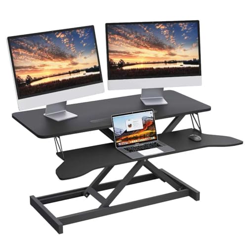 Panana Standing Desk Height Adjustable Sit to Stand Converter Stand Up Desk Tabletop Workstation Dual Monitor Desk Riser for Home Office (37") - size: 37"