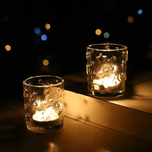 VOHO 24pcs Christmas Candle Holder for Votive Candles & Tea Lights Candles, Clear Votive Candle Holders Star Embossed Glass Decorative for Holiday Dining Table Centerpiece - color: Clear Stars