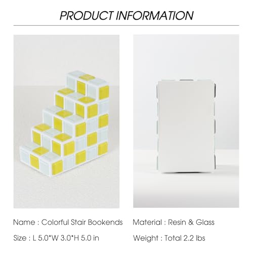 Decorative Bookends for Shelves - Stair Book Ends for Heavy Books - Unique Book Stopper & Holder for Shelves - Modern Home Decor Aesthetic Bookshelf Decor (Yellow & White) - color: Yellow & White