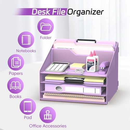 Desk File Organizer, Paper Organizer with 4 Letter Trays and 2 Vertical Upright Sections, Desk Organizers and Accessories for Office, School, Home (Purple) - color: Purple