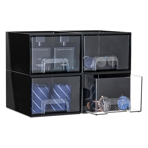 Vtopmart Black Small Stackable Storage Drawers, Cologne Organizer for Men,Plastic Containers for Vanity, Dresser,Office Desk,Bathroom Countertop Organization,Ideal for Room Decor,Gifts for Men - style: 4pack-Black