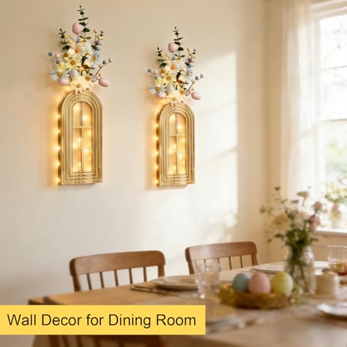 HOMECOR Easter Wall Decor Set of 2 - Boho & Modern Farmhouse Hanging Wooden Vase with Fairy Lights & Artificial Plants, Spring Wall Art for Living Room, Bedroom, Bathroom, Mothers Day Home Decor Gift - style: Flower - Easter Wall Decor