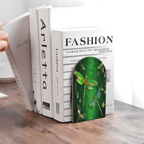 Dragonflies L-Shaped Book Ends 1 Pair Wood Bookends Green Book End Supports for Heavy Book Shelf Holder Home Decorative - color: Dragonflies