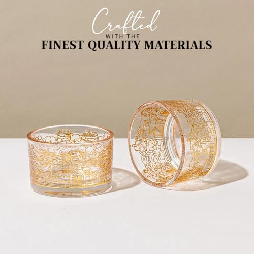 SURI Jerusalem Design Glass Shabbat Tea Light Candle Holder Set of 2 – Modern Judaica Home Décor - color: Gold (Jerusalem), size: Short