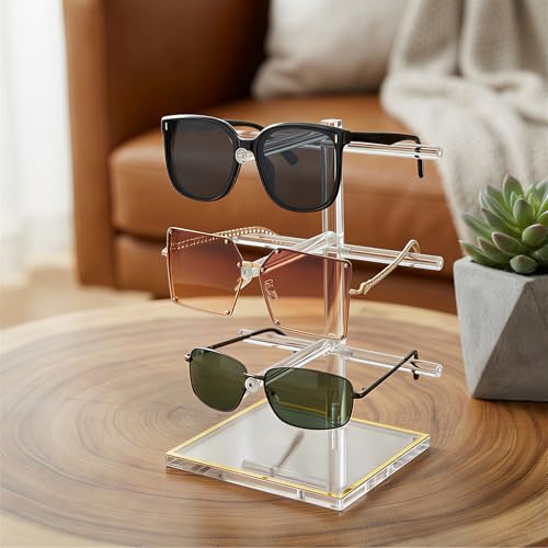 3-Tier Acrylic Sunglasses Display Stand, Gold Trimmed Eyeglasses Stands, Luxury Clear Vertical Glasses Holder for 3 Pairs Frames, Dresser Office Countertop Retail Boutique Counter Display - size: 1PC(3-TIER)
