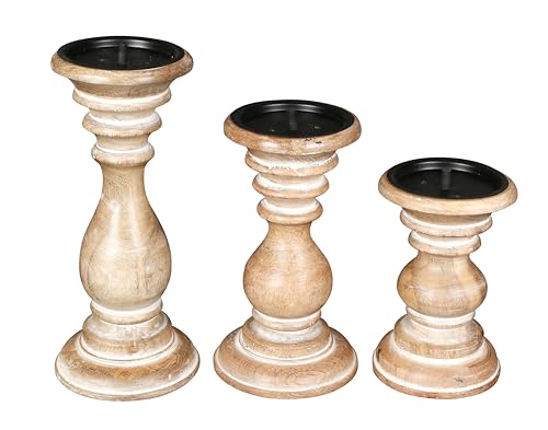Pillar Candle Holders Set of 3 (10",8" & 6" Height)_White Wash,Candle Holder in Mango Real Wood,Decorative Candle Holders for Table Centerpiece, Wedding, Party, Home Décor, Spa, Farmhouse, Gifting - color: White Wash, size: 10"+8"+6" - High