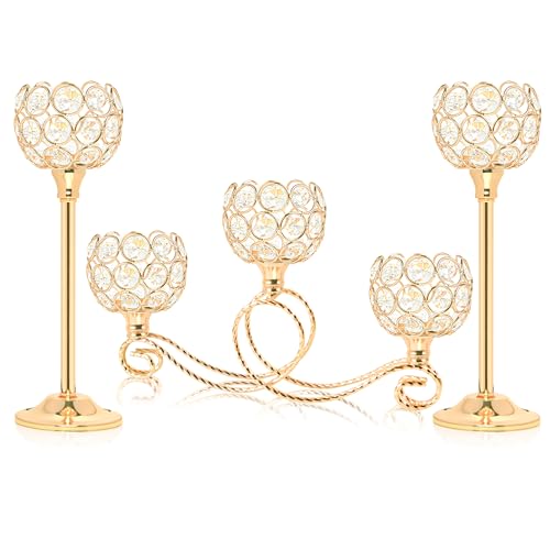 Gold 5 Arm Metal Crystal Tea Light Candle Holder, Elegant Wedding Table Centerpiece, Christmas Wishing Bowl Candle Holder - color: Gold, size: Set of 3