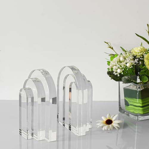 Kitcom Decorative Bookends for Books, Set of 2, Heavy Duty Book Holders Stopper for Shelves, Bookshelf, Bookcase, Office Desk, Home Decor, Aesthetic Layered Arch Design, Clear