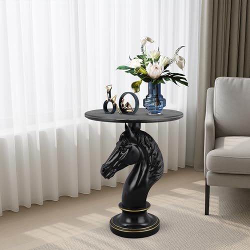 Modern Accent Table Living Room Horse Statue Black Contemporary‌ Faux Marble Night Stand Side Table with Horse Head Base Reception Area & Bedroom（Width 19.69" ——Tall 24.8"） - color: Black Horse Head Table