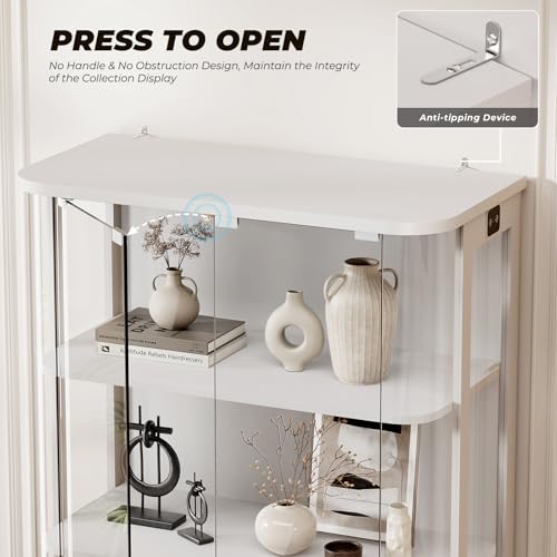 BROTTAR Rounded Display Cabinet with Glass Door, 3-Tier Curio Cabinet with 3 Color Lights for Collectibles, Glass Display Case with Transparent Full-Display Surface, Human Body Sensor, White - color: White