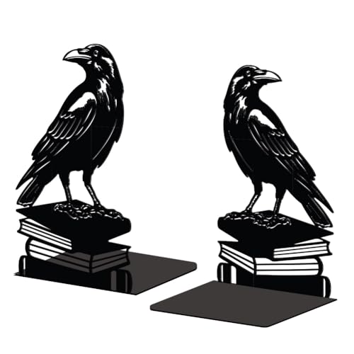 Peacoblue Metal Bookends for Shelves, Modern Decorative Heavy Duty Study Book Support Stoppers for Office, Desk, Shelf, Room 5.3"x4.3"x7.9" Cast Iron Simple Tall Bookends, 1 Pair (Crow on Book Stack) - style: Crow on Book Stack