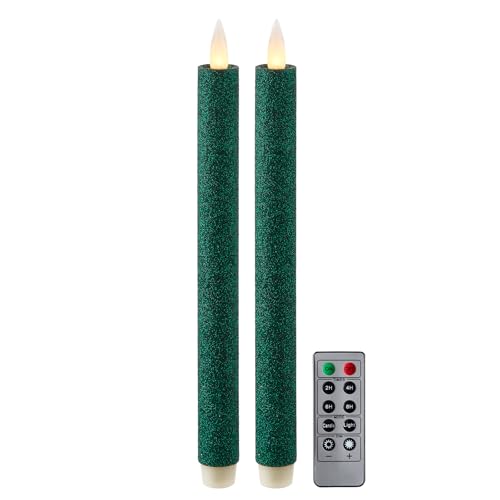Flameless Taper Candles Flickering with Remote and Timer, 3D Moving Flame Taper Candle Battery Operated to 400 Hours, 9 Inch Window Candles, (Glitter Green) - color: Glitter Green