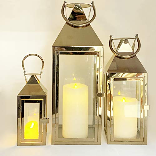 Allgala 3-PC Lantern Set 24 Inch Jumbo Deluxe Modern Indoor/Outdoor Candle Lantern Set Gold Stainless Steel Frame Tempered Glass Pyramid Top for Garden Poolside Fireplace Wedding - color: Pyramid Top Gold