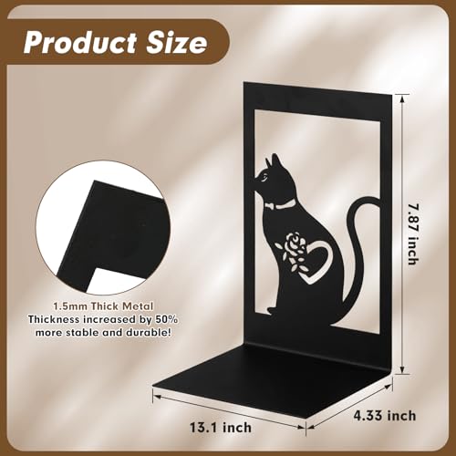 Aertiavty 2 Pcs Square Bookends for Shelves, Heavy-Duty Morden Cat Book Ends, Non-Skid Metal Bookends, 1 Pair Large Decorative Book Holder for Home and Office, Black Book Stopper, Heart Cat - style: Heart Cat