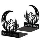 Peacoblue Metal Bookends for Shelves, Modern Decorative Heavy Duty Study Book Ends Stoppers for Office Desk Shelf Room 5.3"x4.3"x6.3" Cast Iron Simple Bookends 1 Pair (Mountain and Forest with Moon) - style: Mountain and Forest with Moon