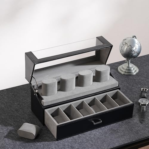 ProCase Watch Case for Men, 10 Slot Watch Display Stand with Acrylic Lid, Watch Display Case with Drawer, 2-Layer Mens Watch Box, Watch Holder Organizer for Men Women -Black - color: Black