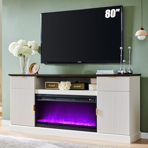 IFGET Fluted Fireplace TV Stand for TVs Up to 80 inch, Modern Entertainment Center with 36" Electric Fireplace, Wood Media Console w/Drawers and Adjustable Shelves for Living Room, Antique White - color: Antique White