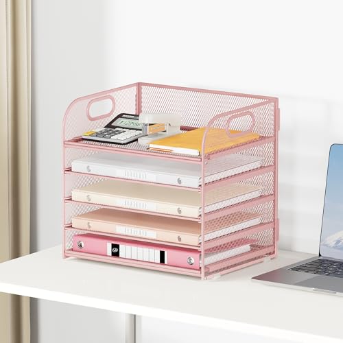 5 Tray Paper Organizer Letter Tray with Handle - Mesh Desk File Organizer, Paper Sorter Organizer for Office, Home or School File Folder Holder - Pink - color: 5 Tier - Pink, size: 12.6" x 9.1" x 11.5"