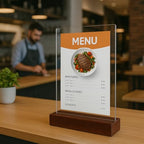 Acrylic display stands. For 11 x 8.5 brochures with 2 card holders and wooden base, ideal for displaying restaurant menus, office brochures, and business cards.