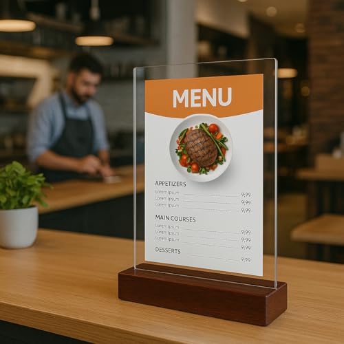 Acrylic display stands. For 11 x 8.5 brochures with 2 card holders and wooden base, ideal for displaying restaurant menus, office brochures, and business cards.
