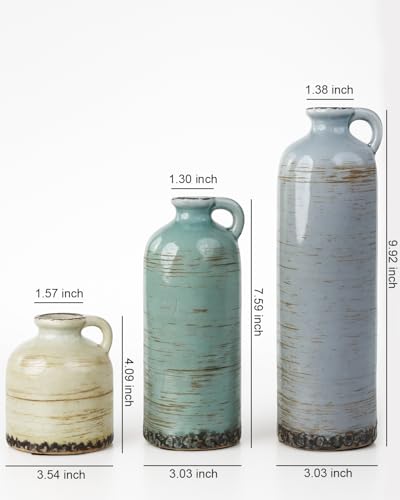 Morandi Ceramic Vase Set with Handle – 3pcs Rustic Pottery Jug Vases for Home Decor, Living Room, Table Centerpiece & Shelf Display – Glazed Vintage Ceramic Vases for Flowers - color: Morandi Colors02
