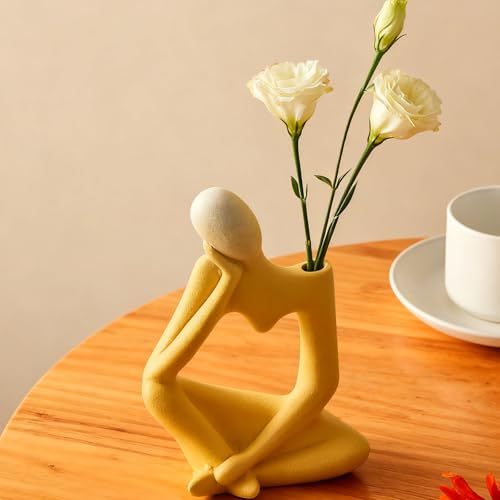 Arawat Ceramic Thinker Vase Yellow Flower Vase for Home Decor Modern Cute Boho Vases for Table Room Decor Unique Aesthetic Ceramic Decorative Vases for Centerpieces Birthday Gifts for Women Men - color: # B Yellow Ceramic Flower Vase for Home Decor