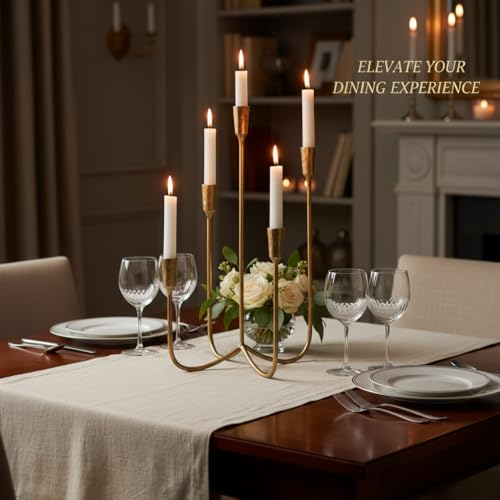 Candelabra for 5 Taper Candles – Hand-Forged Candle Holder with Elegant Vintage Finish – Decorative Centerpiece for Dining Room, Living Room or Mantel Decor（Brass Color-Straight） - color: Brass Color