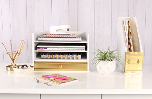 Kate and Laurel Industrious Desktop Wood Letter Tray with 3 Trays and Drawer, White and Gold