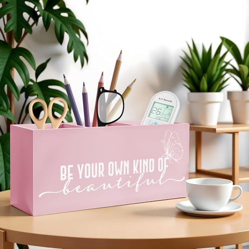 Be Your Own Kind of Beautiful Makeup Brush Toothbrush Holder, Pink Inspirational Wooden Pen Pencil Holder Organizer for Dorm Bedroom Desk Accessories, Back to School Gifts for Girls - color: Color-Desk accessories pink 18