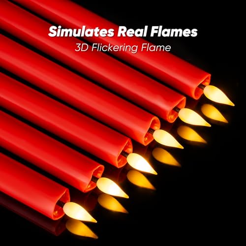 Homemory 6 Pcs Real Wax LED Red Flameless Taper Candles with Remote Timer, 9.6 Inches Fake Candlesticks, Dripless Battery Operated Window Candle with 3D Flickering Flame for Fireplace Xmas Decor - style: Christmas - Red 9.6"