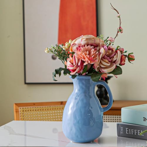 Blue Ceramic Vase with Handle, Pitcher Vases for Modern Farmhouse Home Decor, Small Pottery Flower Jug for Living Room Bedroom Kitchen Office Shelf Decor Centerpiece Table Decoration - color: Blue Pitcher Vase