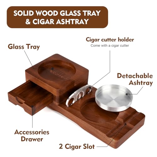 Scotte Ashtray Coaster Whiskey Glass Tray & Wooden Ash Tray with Cigar Cutter, Includes Drawer and Cigar Slot - Great for Home, Office or Outdoor Use (Deep Brown) - color: Deep Brown