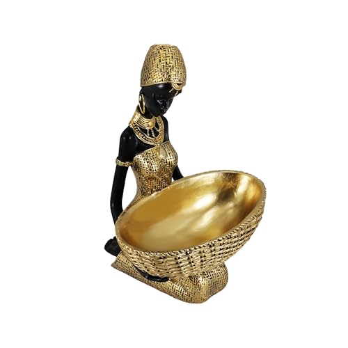 African Tribal Resin Statue - Handcrafted Gold Accent Figure with Bowl, Ethnic Home Decor Art Piece for Shelf & Table Display, Bohemian Gift Idea - color: 301gold