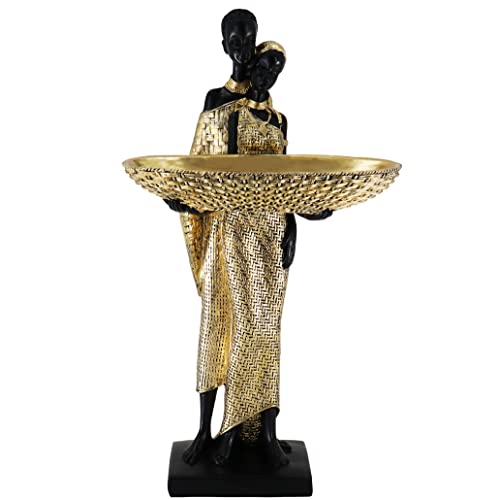 Lescafita Handmade African Couple Sculpture - Gold Tribal Standing Figure with 7.8" Basket, Resin Home Decor for Shelves/Tables, Cultural Gift for Small Items (14.5" H) - color: 310-gold