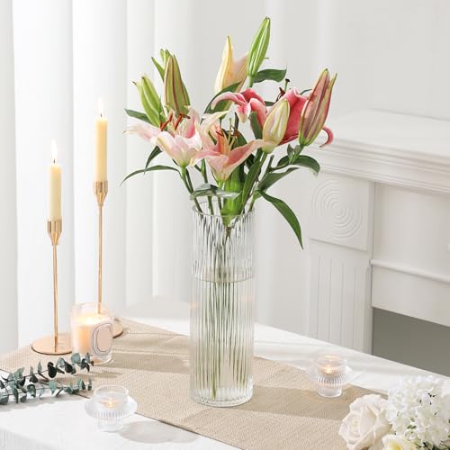 Clear Glass Vase, Glass Flower Vase, Ribbed Glass Vase, Clear Vase, Tall Cylinder Glass Vases for Centerpieces, Living Room, Dining Table, Office, Wedding, Bookshelf Decoration, 12 Inches - color: Clear, size: 12''