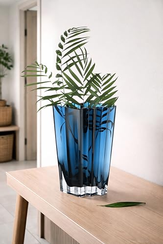 Glass- Vase - Blue - Teal - Chevron Design - 11" Height - Heavy Durable - Made in Europe - by Barski